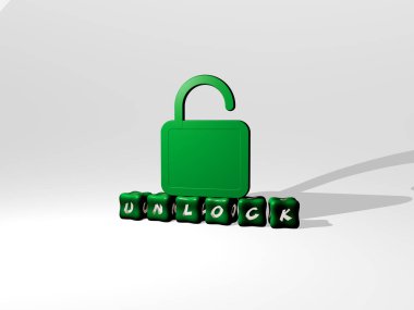 Duvarında simge ve ayna zemininde metalik kübik harflerle konsept ve slayt gösterisi sunumu için düzenlenmiş 3 boyutlu kilidin açılışı. illüstrasyon ve anahtar