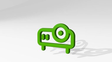 Sunum projektörü gölgeli duruyor. Metalik heykelin beyaz arka planda, yumuşak desenli üç boyutlu çizimi. iş ve tasarım