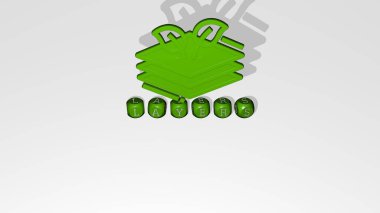 Duvarında simge olan katmanların 3 boyutlu temsili ve ayna zemininde konsept ve slayt gösterisi sunumu için metalik kübik harflerle düzenlenmiş metin. arkaplan ve resimleme