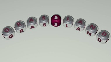 GRASSLAND üst perspektiften kübik harflerle oluşturulmuş kombinasyonu, konsept sunumu için mükemmel. yeşil ve güzel