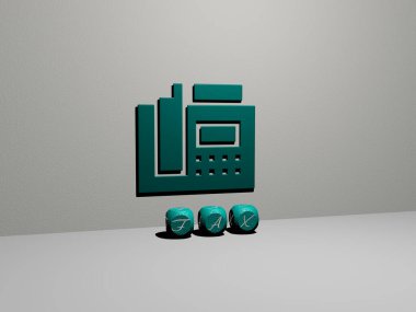 Faks grafiklerinin 3 boyutlu çizimi ve konsept ve sunumların ilgili anlamları için metalik zar harfleri kullanılarak yazılan metinler. iş ve simge