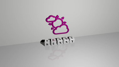 SUNNY grafiklerinin 3 boyutlu çizimi ve sunumların ilgili anlamları için metalik zar harfleri tarafından yapılmış metinler. mavi ve güzel