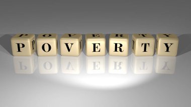 POVERTY 'nin dikey olarak 3D grafiksel görüntüsü, üst perspektiften metalik kübik harflerle oluşturulan metinlerle birlikte, konsept sunumu ve slayt gösterileri için mükemmel. editör ve yoksul