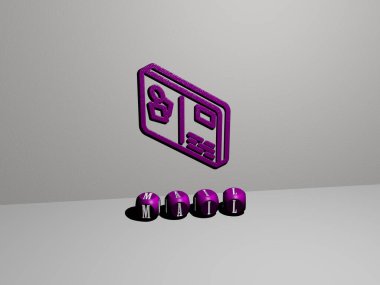 MAIL 'in dikey olarak 3B grafiksel görüntüsü, üst perspektiften metalik kübik harflerle oluşturulan metinlerle birlikte, konsept sunumu ve slayt gösterileri için mükemmel. Resim ve simge