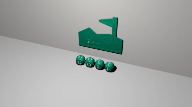 Duvarında ikon olan golfün 3 boyutlu temsili ve kavram ve slayt gösterisi sunumu için ayna zemininde metalik kübik harflerle düzenlenmiş metin. top ve sopa