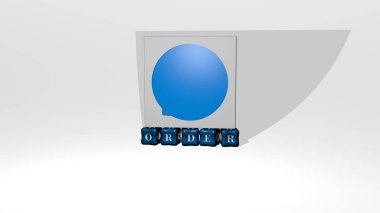 ORDER 'ın duvarında simge ve ayna zemininde metalik küp harflerle konsept ve slayt gösterisi sunumu için düzenlenmiş 3D temsili. resimleme ve iş