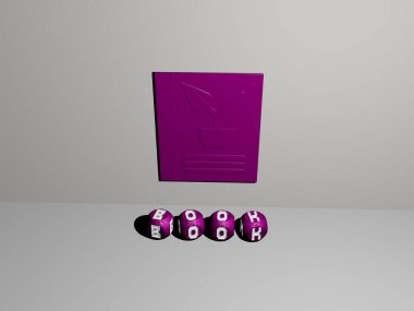 Duvarında ikon olan kitabın 3 boyutlu temsili ve kavram ve slayt gösterisi sunumu için ayna zemininde metalik kübik harflerle düzenlenmiş metin. Resim ve arkaplan