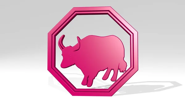 Bull Sign Perspective Shadow Thick Sculpture Made Metallic Materials Rendering — Stock Photo, Image