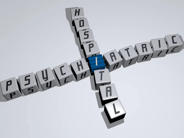 精神病医院的纵横字谜 用立方体字母排列在镜像楼 概念意义和表述 精神和精神障碍 — 图库照片