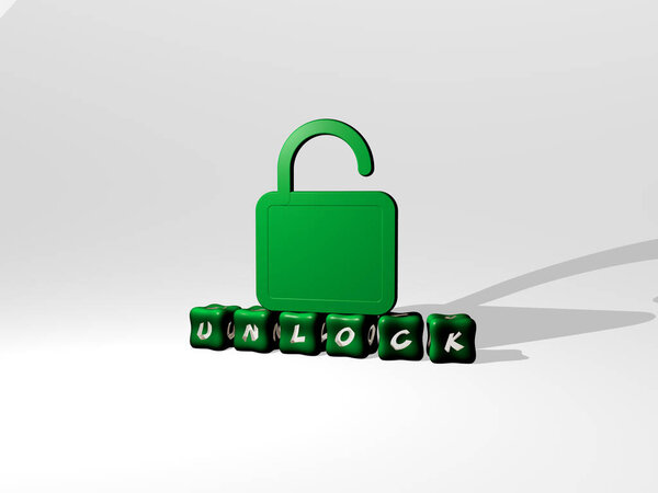 3D представление разблокировки с иконкой на стене и текстом, упорядоченным металлическими кубическими буквами на зеркальном полу для представления концепции и слайд-шоу. иллюстрация и ключ