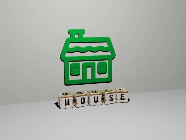3D graphical image of house vertically along with text built by metallic cubic letters from the top perspective, excellent for the concept presentation and slideshows. building and architecture