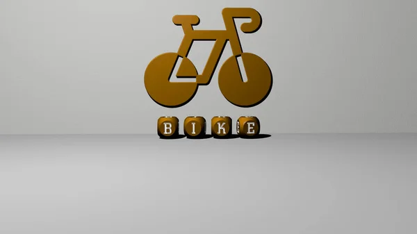 三维展示的自行车与图标上的墙壁和文字排列的金属立方体字母在一面镜子地板上的概念意义和幻灯片演示 自行车和图解 — 图库照片