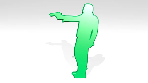 Homem Com Arma Feita Por Ilustração Uma Escultura Metálica Brilhante — Fotografia de Stock