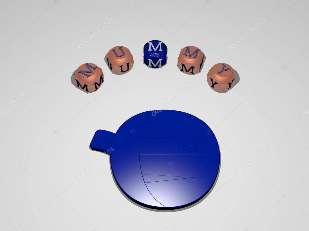 3D illustration of mummy graphics and text around the icon made by metallic dice letters for the related meanings of the concept and presentations. halloween and cartoon