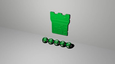 TOWER grafiklerinin 3 boyutlu çizimi ve konsept ve sunumların ilgili anlamları için metalik zar harflerinin oluşturduğu metin. mimari ve yapı