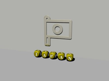 Konsept ve sunumların ilgili anlamları için metalik zar harfleri tarafından yapılan Japonya grafikleri ve metinlerinin 3 boyutlu illüstrasyonu. Asya ve Japonca