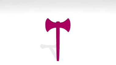 Duvarda balta var. Metalik heykelin beyaz arka planda, yumuşak desenli üç boyutlu çizimi. set ve tasarım