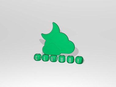 Duvarında ikon olan CLOUDY 'nin 3 boyutlu temsili ve ayna zemininde kavram ve slayt gösterisi sunumu için metalik kübik harflerle düzenlenmiş metin. gökyüzü ve mavi