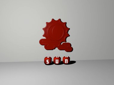 Konsept ve sunumların ilgili anlamları için metalik zar harflerinin oluşturduğu güneş grafikleri ve metnin üç boyutlu çizimi. arka plan ve güzel