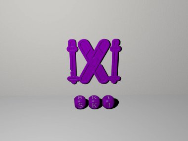 SKI 'nin dikey olarak 3B grafiksel görüntüsü, üst perspektiften metalik kübik harflerle oluşturulan metinlerle birlikte, konsept sunumu ve slayt gösterileri için mükemmel. tatil köyü ve kış