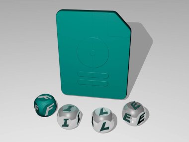 FILE 'nin dikey olarak 3B grafiksel görüntüsü ve üst perspektiften metalik kübik harflerle simgenin etrafına inşa edilen metin, konsept sunumu ve slayt gösterileri için mükemmel. resimleme