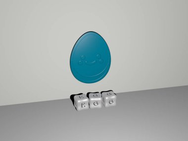 Duvarında simge olan EGG 'nin 3 boyutlu temsili ve ayna zemininde konsept ve slayt gösterisi sunumu için metalik kübik harflerle düzenlenmiş metin. arkaplan ve Paskalya