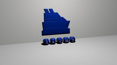 Yat grafiklerinin 3 boyutlu çizimi ve konsept ve sunumların ilgili anlamları için metalik zar harfleri kullanılarak yazılan metinler. tekne ve deniz