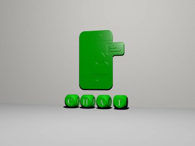 Duvarında simge olan sohbetin 3 boyutlu temsili ve ayna zemininde kavram ve slayt gösterisi sunumu için metalik kübik harflerle düzenlenmiş metin. İllüstrasyon ve iletişim