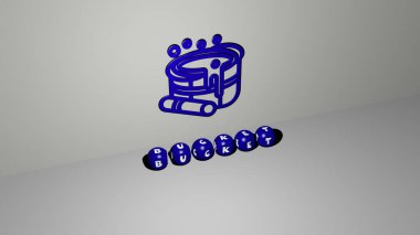 Kova dikey olarak 3D grafik resmi ve üst perspektiften metalik kübik harflerle yapılmış metin, konsept sunum ve slayt gösterileri için mükemmel. Resim ve arkaplan