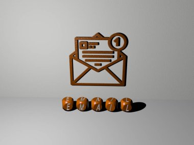 Duvarında simge olan e-postanın 3 boyutlu temsili ve kavram ve slayt gösterisi sunumu için ayna zemininde metalik kübik harflerle düzenlenmiş metin. resimleme ve iş