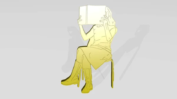 一个女人正在阅读一本由3D插图制作的书 书中描述了一个闪亮的金属雕塑在浅色背景的墙上 年轻貌美 — 图库照片