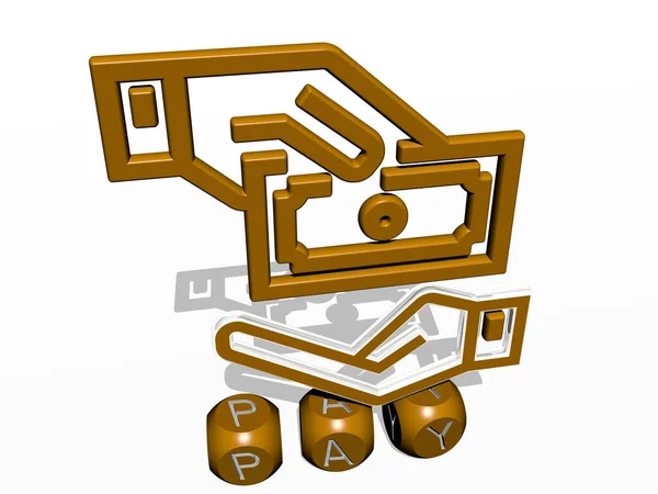 鏡床に金属の立方体文字で配置された壁やテキストにアイコンを持つPayの3D表現は 概念的な意味とスライドショーのプレゼンテーションを意味します ビジネスとイラスト — ストック写真