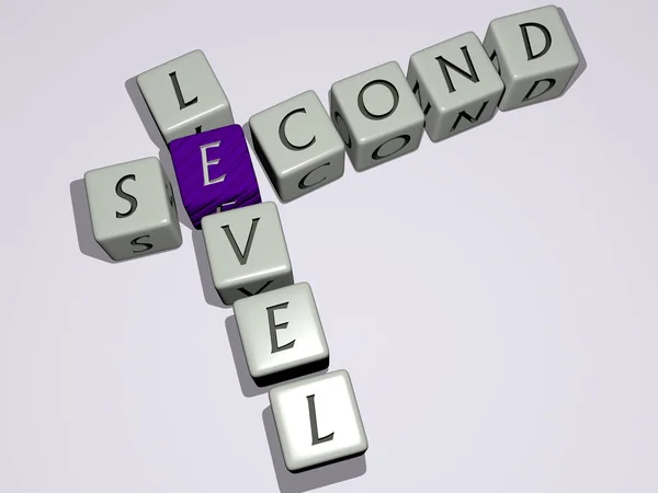 SECOND LEVEL combined by dice letters and color crossing for the related meanings of the concept. editorial and world