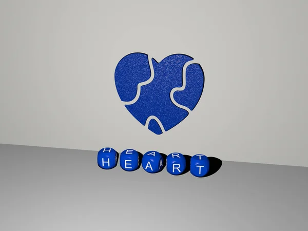 Heartの3Dグラフィカルなイメージと 上面からの金属立方体文字で構築されたテキストは コンセプトプレゼンテーションやスライドショーに最適です イラストと背景 — ストック写真