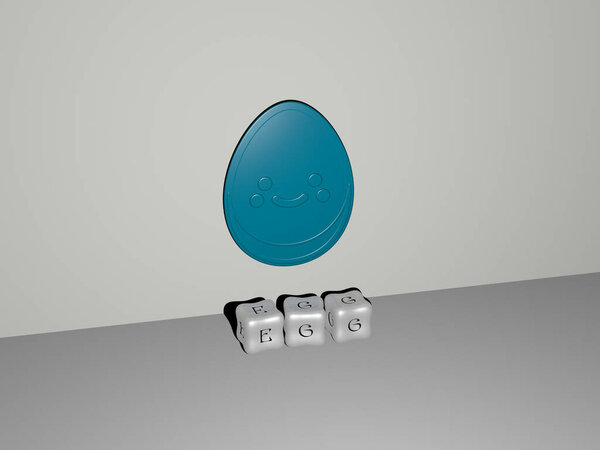3D representation of EGG with icon on the wall and text arranged by metallic cubic letters on a mirror floor for concept meaning and slideshow presentation. background and easter