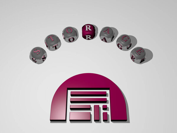 3D illustration of storage graphics and text around the icon made by metallic dice letters for the related meanings of the concept and presentations. data and background