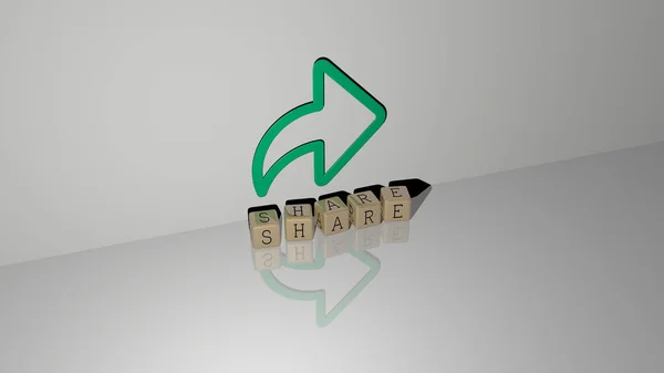 3D graphical image of SHARE vertically along with text built by metallic cubic letters from the top perspective, excellent for the concept presentation and slideshows. illustration and business