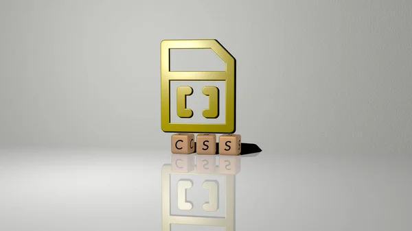 壁にアイコンが描かれたCssの3D表現や 鏡床に金属の立方体文字が配置されたテキストは 概念的な意味とスライドショーのプレゼンテーションを意味します コードとコンピュータ — ストック写真