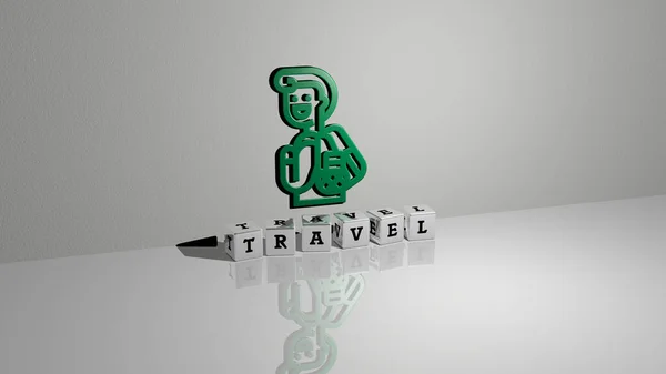 Representation Travel Icon Wall Text Arranged Metallic Cubic Letters Mirror — Stock Photo, Image