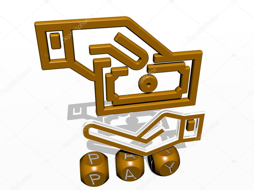 3D representation of pay with icon on the wall and text arranged by metallic cubic letters on a mirror floor for concept meaning and slideshow presentation. business and illustration