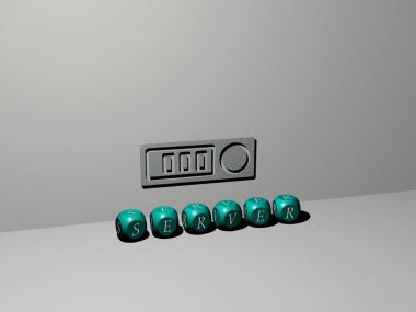 Üst perspektiften metalik kübik harflerle oluşturulan metinlerle dikey olarak sunucunun 3B grafik görüntüsü, konsept sunumu ve slayt gösterimi için mükemmel. veri ve resimleme