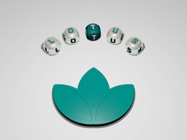 LOTUS 'un dikey olarak 3B grafiksel görüntüsü ve üst perspektiften metalik kübik harflerle simge etrafında oluşturulan metin, konsept sunumu ve slayt gösterileri için mükemmel. resimleme