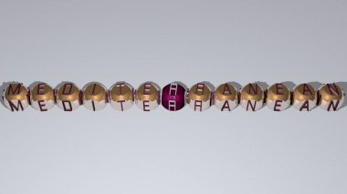 Akdeniz 'in bulmacaları ayna zemininde kübik harflerle sıralanmış, kavram anlamı ve sunum. deniz ve sahil