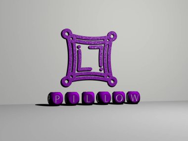 PILLOW grafiklerinin 3D çizimi ve konsept ve sunumların ilgili anlamları için metalik zar harfleri tarafından yapılan metin. arkaplan ve yatak