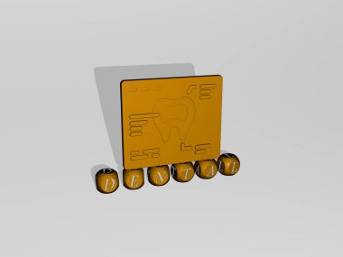 Dikey olarak dişin 3 boyutlu grafik resmi ve üst perspektiften metalik kübik harflerle oluşturulan metinler, konsept sunumu ve slayt gösterileri için mükemmel. dişçi ve bakım