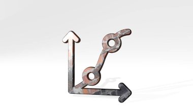 Grafik gölgesini perspektiften rötuşla. Üç boyutlu metalik malzemelerden yapılmış kalın bir heykel. Resim ve arkaplan