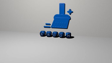 BROOM grafiklerinin 3 boyutlu çizimi ve konsept ve sunumların ilgili anlamları için metalik zar harflerinin oluşturduğu metin. arkaplan ve temizlik