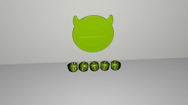 Duvarında ikon olan şeytanın 3 boyutlu temsili ve ayna zemininde kavram ve slayt gösterisi sunumu için metalik kübik harflerle düzenlenmiş metin. İllüstrasyon ve çizgi film