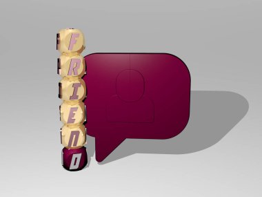 Arkadaş 'ın dikey olarak 3B grafiksel görüntüsü ve üst perspektiften metalik kübik harflerle simgenin etrafına inşa edilen yazı. Konsept sunum ve slayt gösterileri için mükemmel. Köpek ve şirin.