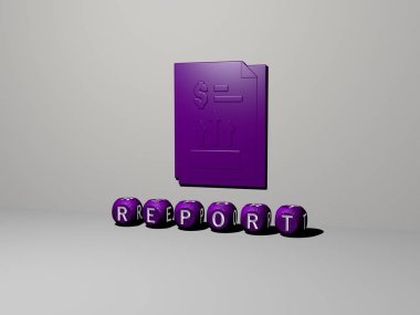 Raporun üç boyutlu grafiksel görüntüsü, üst perspektiften metalik kübik harflerle oluşturulan metinlerle birlikte, konsept sunumu ve slayt gösterimi için mükemmel. iş ve illüstrasyon